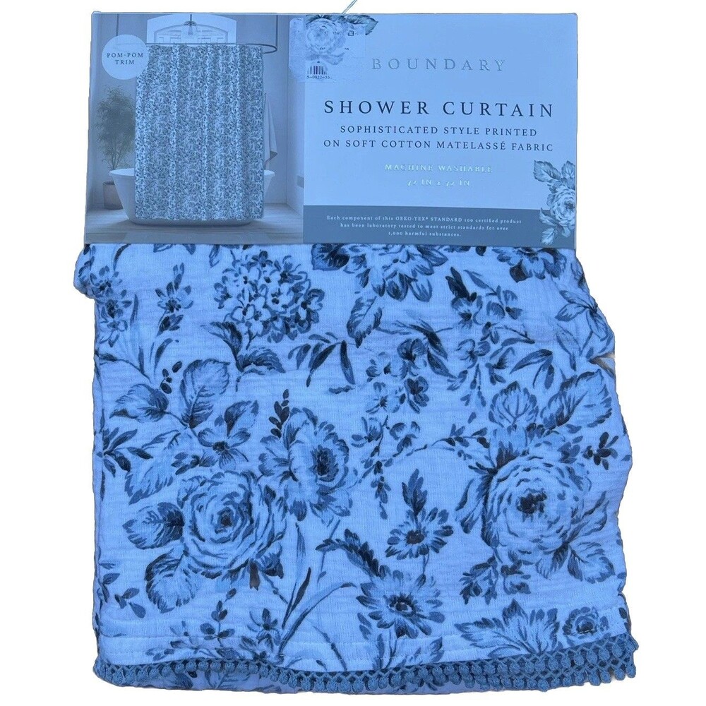 Boundary Shower Curtain Soft Cotton Matelasse Fabric White Blue Floral Trim New